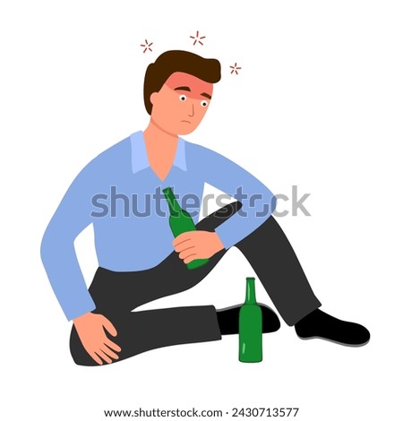 Drunk office worker businessman character sitting with beer bottle. Alcoholism.