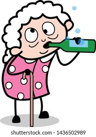 Drunk Old Lady - Old Woman Cartoon Granny Vector Illustration