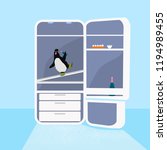 Drunk penguin in the fridge.Vector illustration in cartoon style