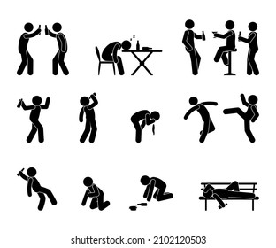 Drunk people, alcohol abuse, alcoholism illustration. A set of people with alcohol addiction, a man staggers, falls, fights. Asocial behavior under the influence of addiction.