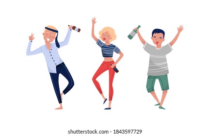 Drunk People Characters with Bottle of Alcoholic Drink Vector Illustration Set