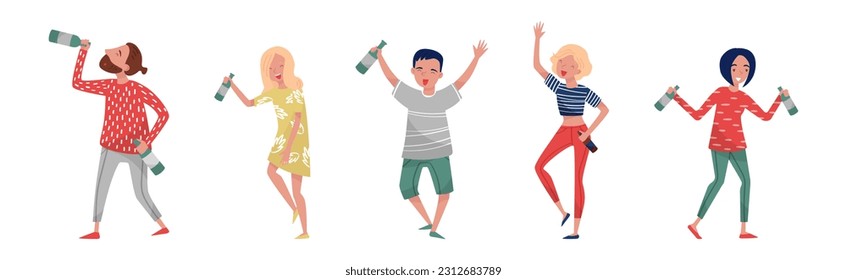 Drunk People Characters with Bottle of Alcoholic Drink Vector Illustration Set