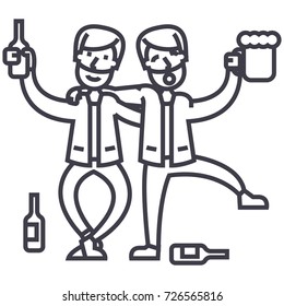 drunk people, drunk party, two men drinking vector line icon, sign, illustration on background, editable strokes