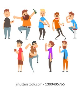 Drunk People Set, Boozy Men Walking Tipsy with Alcohol Drink Bottles and Glasses in Their Hands Vector Illustration