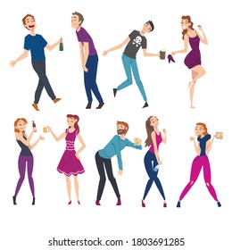Drunk People Set, Men and Women with Alcohol Drink Bottles and Beer Mugs in their Hands Walking Tipsy Screwed, Drunkenness, Bad Habit Concept Cartoon Style Vector Illustration
