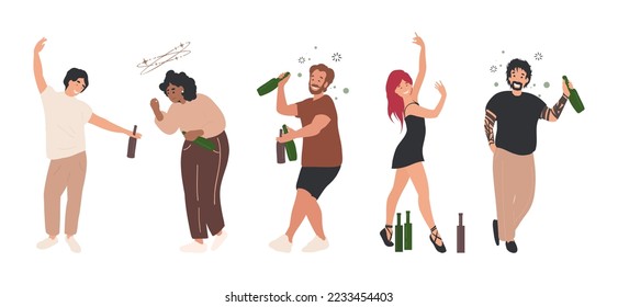 Drunk People Set, Men and Women with Alcohol, wine Bottles in their Hands. . Cartoon flat vector illustration isolated on white background. Walking Tipsy Screwed