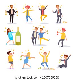 Drunk people. Set. Vector. Cartoon. Isolated art on white background. Flat