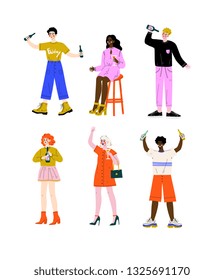 Drunk People Set, Young Women and Men Standing with Glasses and Bottles of Alcohol Drinks Vector Illustration