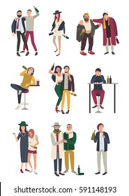Drunk people in various situation. Flat characters set.  woman and man, girl and boy on white background.