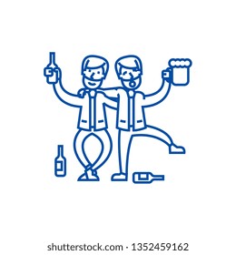 Drunk people,drunk party,two men drinking line icon concept. Drunk people,drunk party,two men drinking flat  vector symbol, sign, outline illustration.