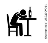 Drunk Person Sleeping at Table with Wine Bottle Silhouette Icon Vector