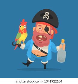 Drunk pirate holding parrot and bottle of rum. Funny character. Vector Illustration