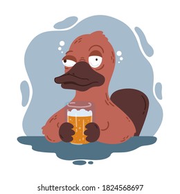 Drunk platypus with a glass of beer. Funny duckbill in the pub. Australian wildlife. Vector cartoon illustration isolated on white background.