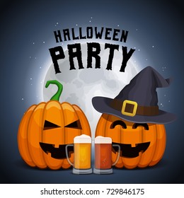 Drunk pumpkins with beer mugs. Halloween party poster. Shining moon background. Vector All Saints' Eve card.