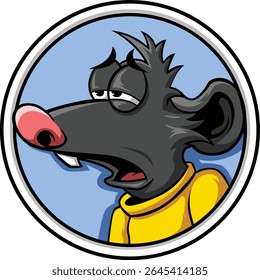 Drunk Rat Cartoon Character, Black fur, Yellow Jacket, Circle shield, Blue Background, Vector File Illustration