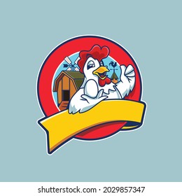 Drunk Rooster Holding Egg Farm Label Vector