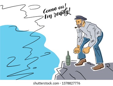 Drunk sailor by the sea. Isolated black contour and colors. Vector flat illustration.