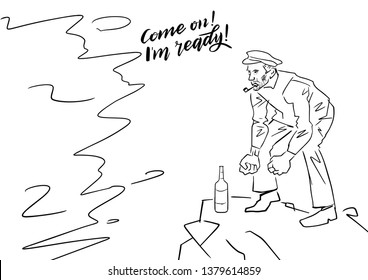 Drunk sailor by the sea. Isolated black contour. Vector outline illustration.