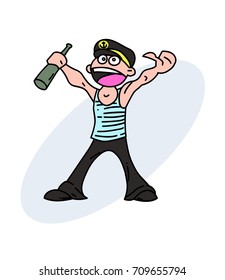 Drunk sailor cartoon hand drawn image. Original colorful artwork, comic childish style drawing.
