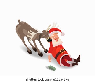 Drunk Santa Claus with a deer. Anti alcohol advertising. Isolated on white background.