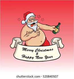 Drunk Santa Claus Drinking Booze. Christmas Greeting Card Vector on Red Background