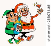 Drunk Santa Claus and elf. Groovy vintage funny Santa and elf characters celebrating holidays. Ideal for Christmas and New Year sticker designs and decorations, vector illustration