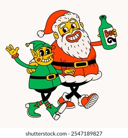 Drunk Santa Claus and elf. Groovy vintage funny Santa and elf characters celebrating holidays.