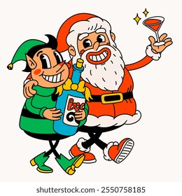 Drunk Santa Claus and elf. Groovy vintage funny Santa and elf characters celebrating holidays. Ideal for Christmas and New Year sticker designs and decorations, vector illustration