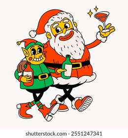 Drunk Santa Claus and elf. Groovy vintage funny Santa and elf characters celebrating holidays.