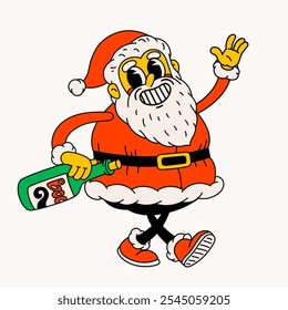 Drunk Santa Claus. Groovy vintage funny Santa character drinking alcohol and smoking. Perfect for Christmas and New Year sticker designs and decorations, vector illustration.