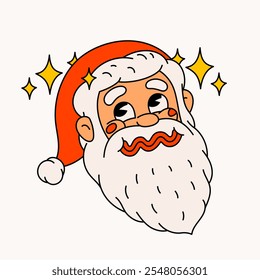 Drunk Santa Claus. Groovy vintage funny Santa character puking or barfing. Ideal for Christmas and New Year sticker designs and decorations, vector illustration.