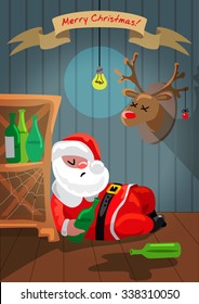 Drunk Santa Claus is sleeping in the room