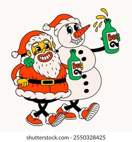 Drunk Santa Claus and snowman. Groovy vintage funny Santa and snowman characters celebrating holidays.