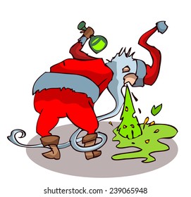 Drunk Santa Clause throwing up after having too much Drink, Vector Illustration. 
