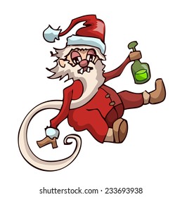 Drunk Santa with a long Beard and a Bottle in his Hand sitting on a Floor in an intoxicated state, Vector Illustration isolated on White Background, Outlines available on separate Layer. 