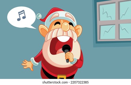 
Drunk Santa Singing Loudly Breaking Windows Funny Cartoon Illustration. Funny Christmas karaoke party with talentless Santa performer
