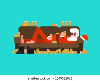 Drunk Santa sleeping on couch. Alcohol for the new year. Festive party
 
