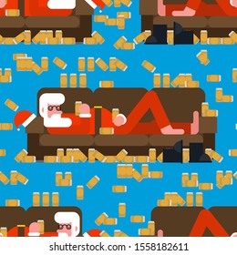 Drunk Santa sleeping on couch pattern seamless. Alcohol for the new year background . Festive party ornament