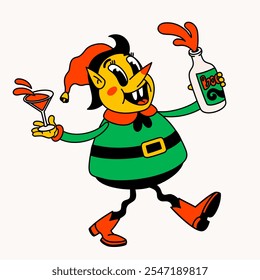 Elfo borracho de Santas. Personaje de elfo divertido de la vendimia Groovy con cóctel y botella.