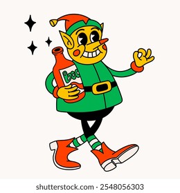 Elfo borracho de Santas. Personaje de elfo divertido de la vendimia Groovy con botella de vino.