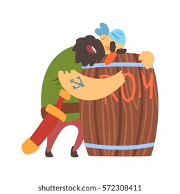 Drunk Scruffy Pirate Huging Wooden Barrel Of Rum, Filibuster Cut-Throat Cartoon Character