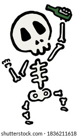 Drunk Skeleton : Hand drawn vector illustration like woodblock print