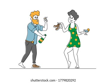 Drunk Sleazy Man And Barefoot Woman Celebrate Party. Alcohol And Smoking Addiction. Characters With Pernicious Habits Addiction And Substance Abuse Suffering Of Alcoholism. Linear Vector Illustration