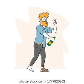 Drunk Sleazy Man In One Shoe And Sloppy Clothes Alcohol And Smoking Addiction. Male Character With Pernicious Habits Addiction And Substance Abuse, Suffering Of Alcoholism. Linear Vector Illustration