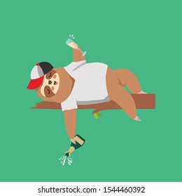 drunk sloth character drinking wine and beer