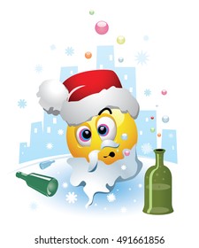 Drunk smiley dressed as a Santa Clause. Smiley after party where he drunk too much. Humoristic vector illustration.