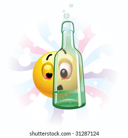 Drunk smiling ball seeing trough bottle