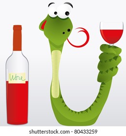 Drunk snake keeps wine goblet its tail and licked in anticipation of alcohol, vector illustration