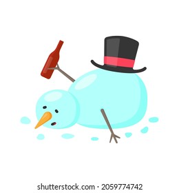 Drunk snowman icon. Drink. Lying resting snowman. Colored cartoon silhouette. Top side view. Vector simple flat graphic hand drawn illustration. The isolated object on a white background. Isolate.