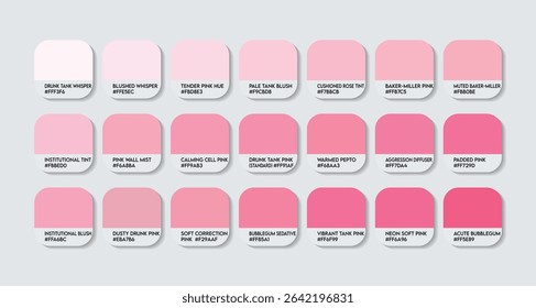 Drunk Tank Pink Color Palette. Drunk Tank Pink Tones Swatch Chart with HEX Codes and Color Names. Hot and Vibrant Pinks Variants. Muted and Softened Pink Tone Palette. Pastel pink color palette design